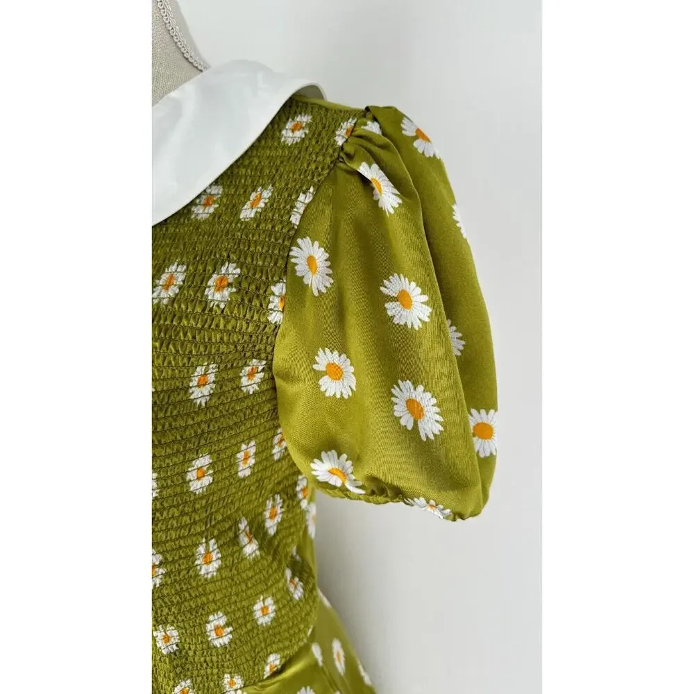 Smak Parlour Womens Green Floral Smocked Short Sleeve Flare Dress Size Medium